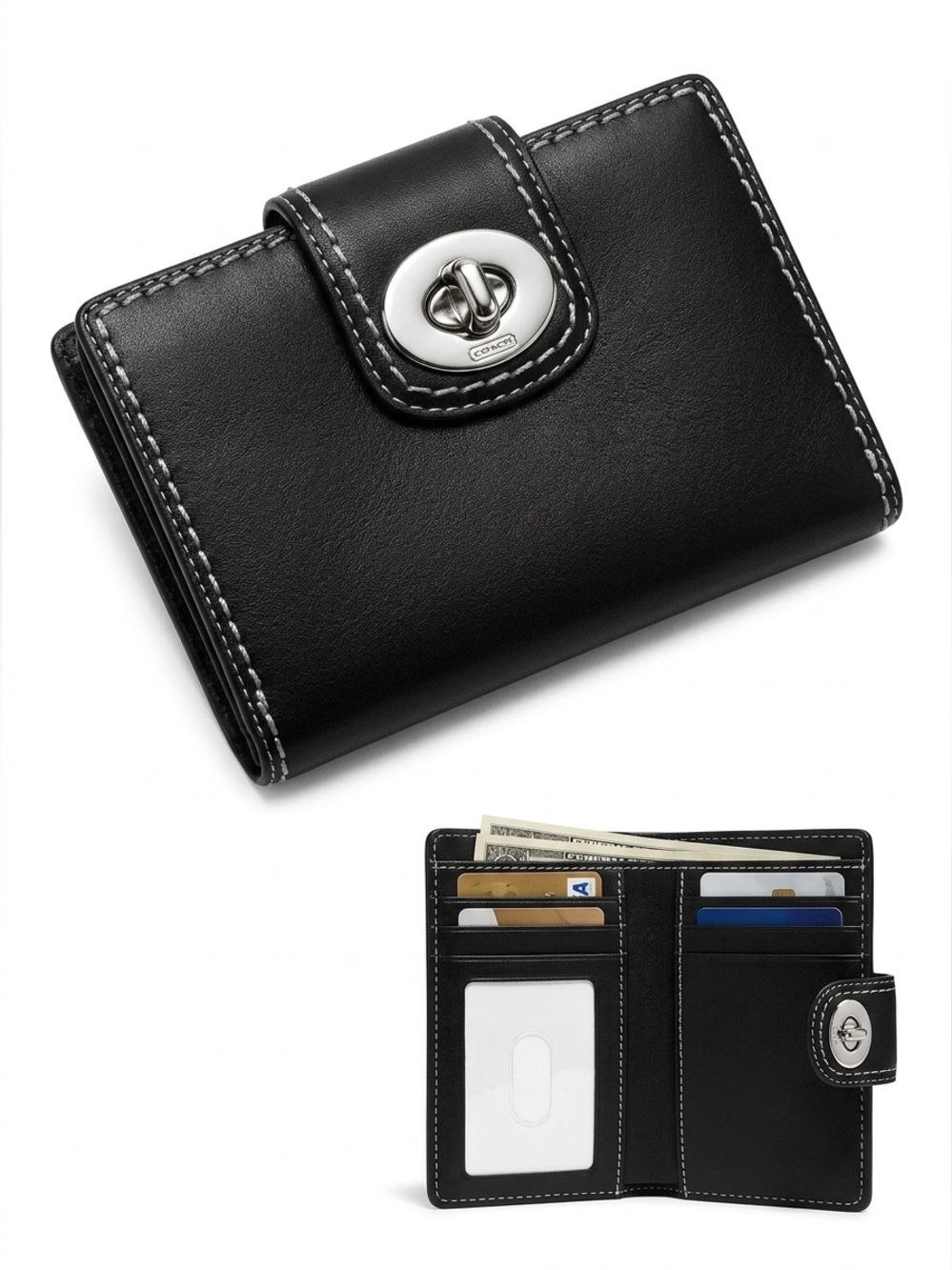 Coach Vintage Black Leather Turnlock Small Bifold Wallet Contrast Stitch